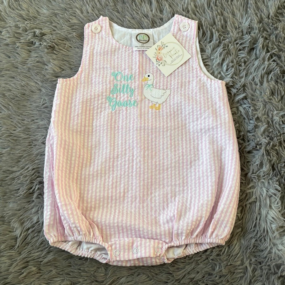 Brownie Points Smocked Bubble Onesie One Silly Goose Stripes Toddler Girls 2T